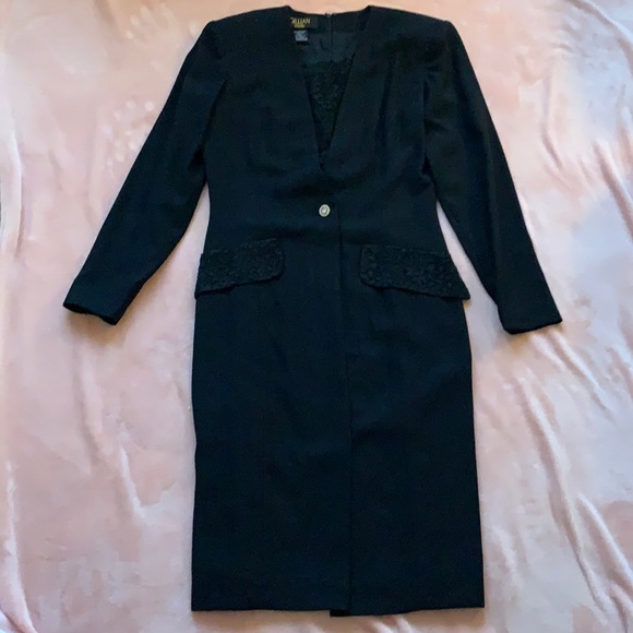 Almost new Gillian black coat-style dress with lace at neckline/pockets, size 6. - Picture 1 of 6